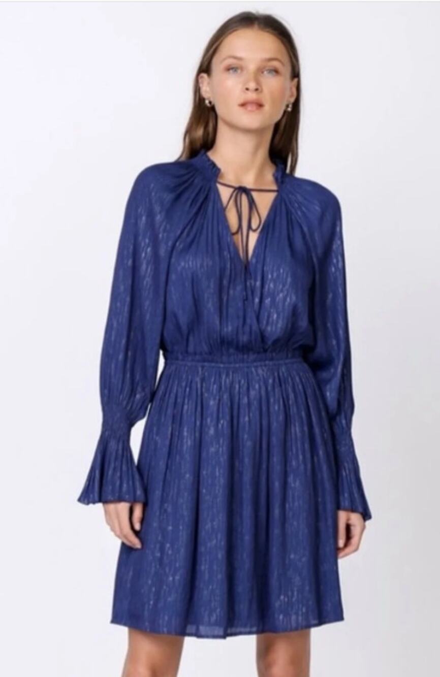 Current Air Size L Blue Tie Neck Long Sleeve Flare Cuff Cinched Waist Dress